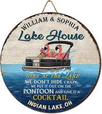 Personalized Flamingo Lake House Signs, Custom Lake House Printed Wood Sign