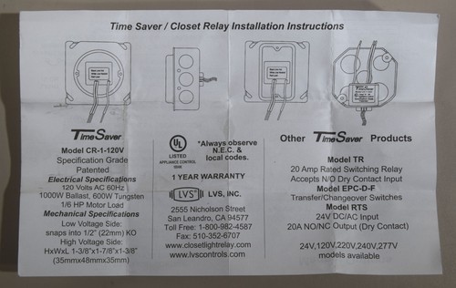 LVS TimeSaver (Model: CR-1-120V) Low Voltage Closet Relay Appliance Control NEW - Picture 9 of 10