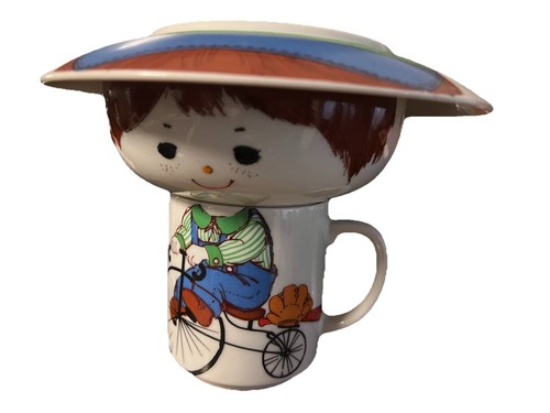 Vintage Fred Roberts Japan Junge auf Fahrrad 3 Stück stapelbar Kinder Porzellan Set