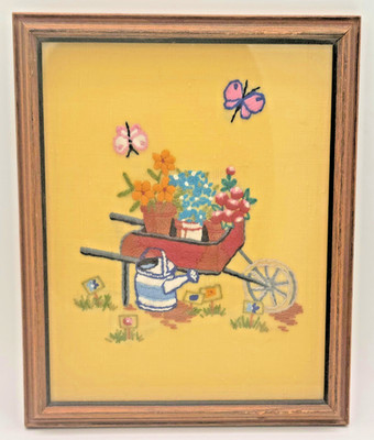Handmade Needlepoint Embroidery Wheelbarrow Spring Floral Flowers FRAMED 9''x11''