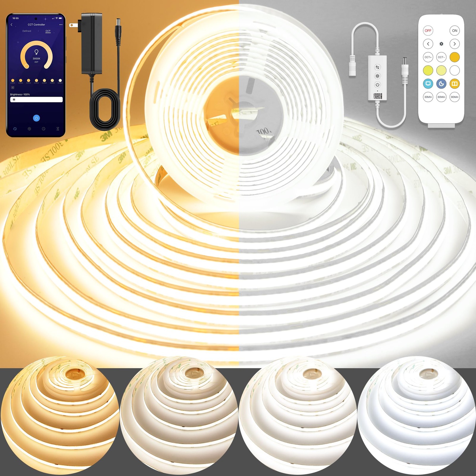 CCT Dimmable COB LED Strip Light 2700K-6500K 9.84ft 8mm Wide