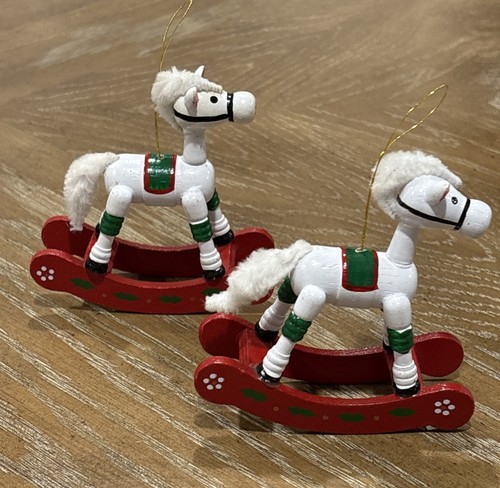 (2) VTG Hand Painted White Wooden Rocking Horse W/White Hair Christmas Ornaments - Picture 3 of 16