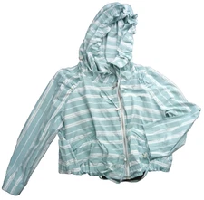 Cue Jacket Blue Stripe Hood Zip Drawstring Ruffle 00s Crop Size 10–14 Coastal