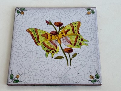Vintage Spanish Hand Painted Ceramic Tile Butterfly Crazing Glaze 6  x 6 , Spain