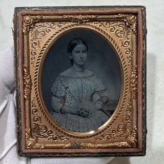 6th Plate Antique 1850s Young Woman Lace Gloves Ambrotype Photo Leather Case