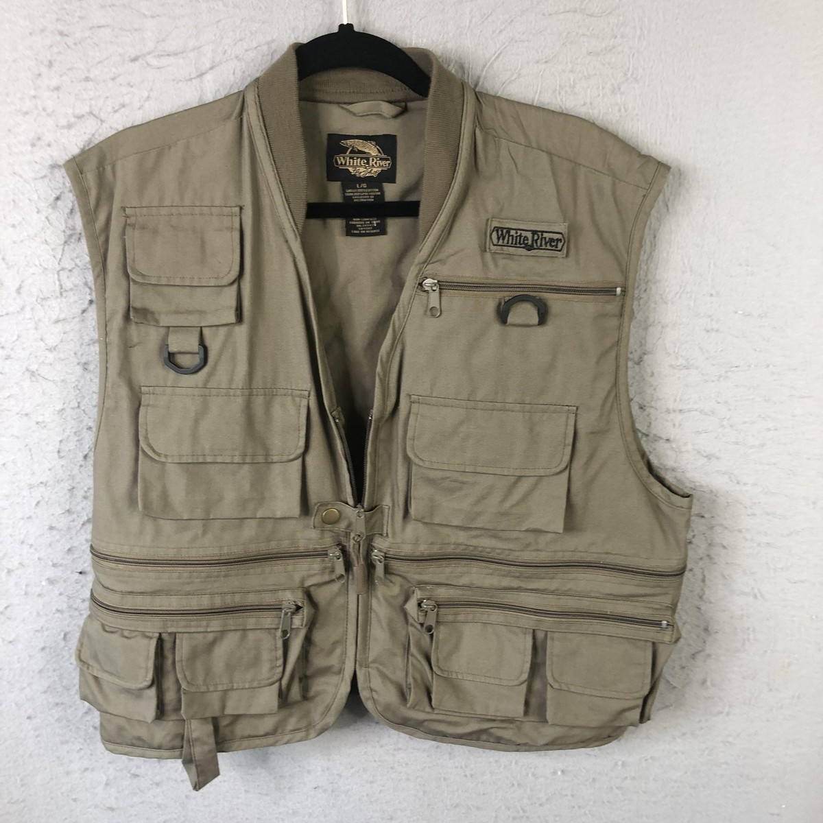 White River Fly Shop Vest Mens Large Khaki Fishing Utility Multi