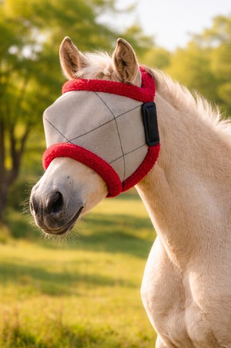 Farnam SuperMask II Fly Mask Size Foal Horse Gray Mesh w/ Red Fleece Trim