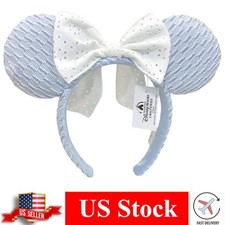 Disney-Parks Resort Light Blue Minnie Ear Headband with White Eyelet Bow
