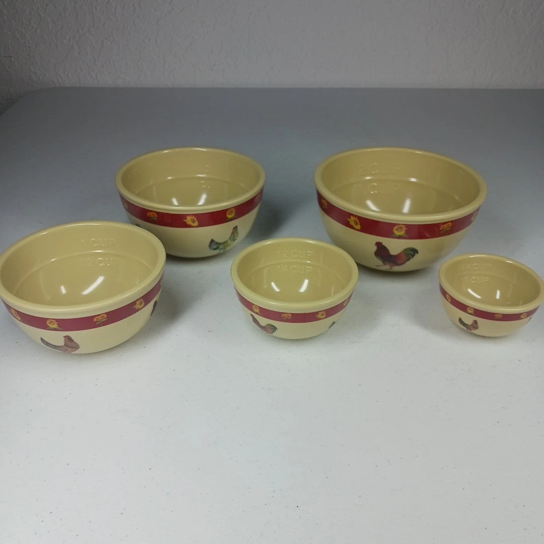 Vtg Set Of 5 Melamine Rooster/Sunflowers Measuring Nesting Bowls All 5 Sizes