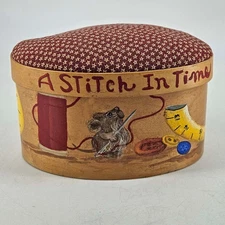 Vintage Woven hand painted mouse Sewing Basket Box A stitch in time saves nine