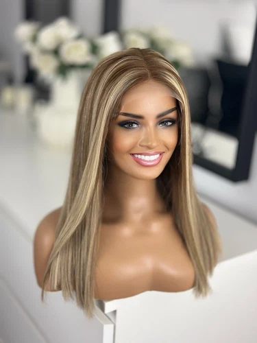Hervorgehobene Brondie blond warm braun Lace Bob 16" 100% Echthaar Glatthaar Perücke - Bild 2 von 13