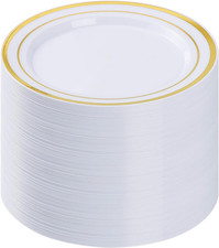 BESTVIP 100PCS Gold Plastic Plates, 10.25 Inch Disposable Dinner Plate Party wit