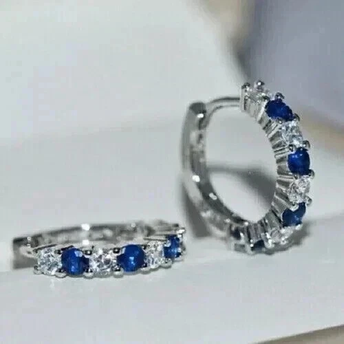 2Ct Round Lab Created Blue Sapphire Huggie Hoop Earrings 14K White Gold Plated - Image 3 of 4
