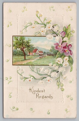 Postcard Greetings Kindest Regards Flower Bouquet Farm Scene Unposted