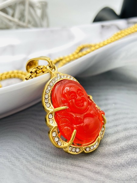 Alternate view of Jade Buddha Pendant Necklace 18k Gold Plated Crystal Charm Hip Hop Chain