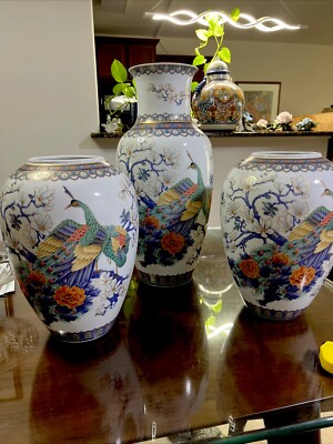3 VTG Kaiser Largo Peacock Vases Hand Painted Fine Porcelain W Germany 22 