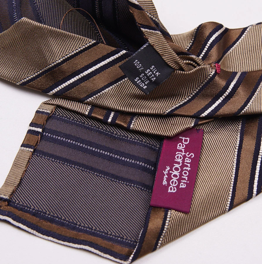 Sartoria Partenopea Unlined  7-Fold Gold-Brown Woven Ribbon Stripe Silk Tie - Image 4 of 4