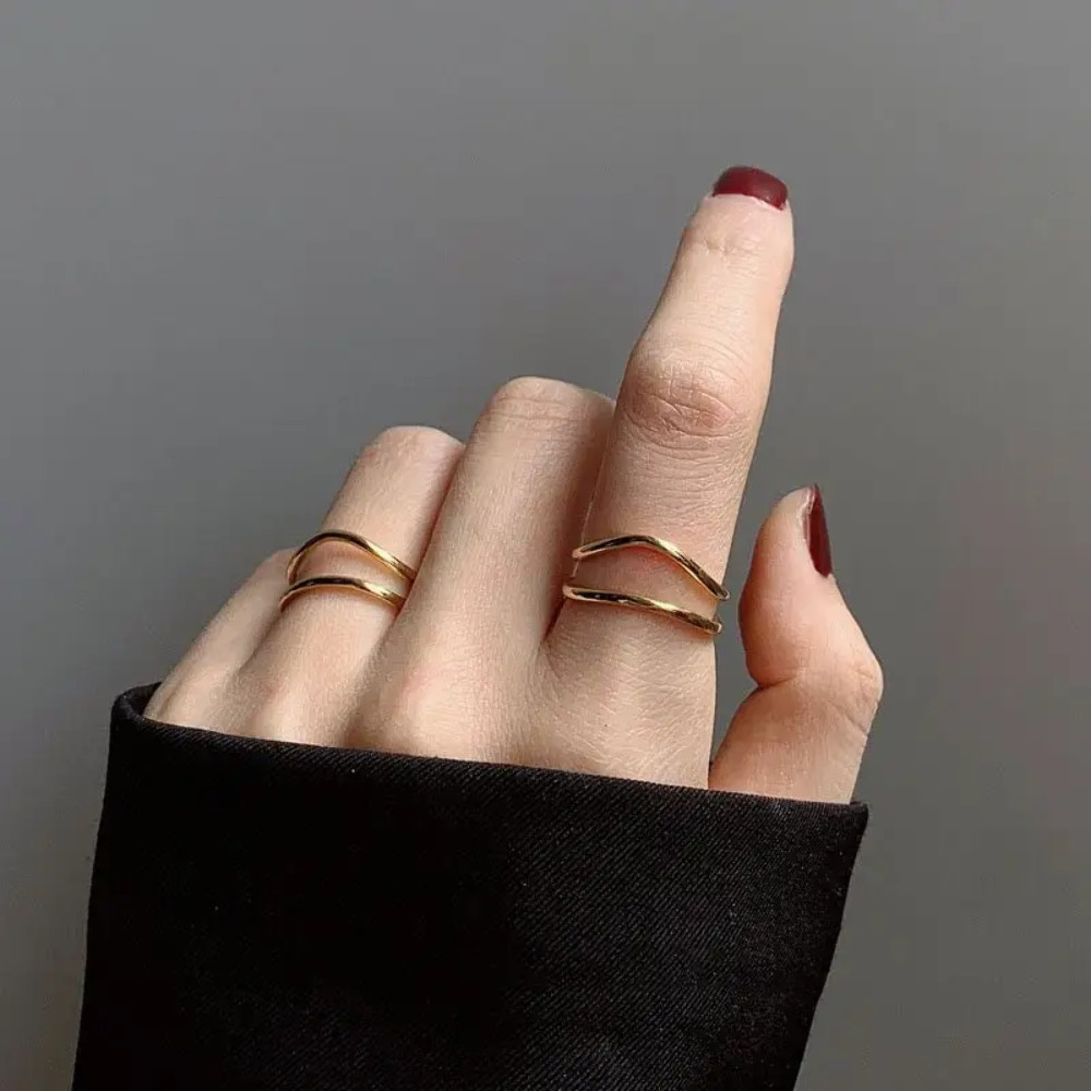 Anillo Doble Ondulado Anillo Abierto Dos Hileras Ajustable Anillo Apilable Oro F