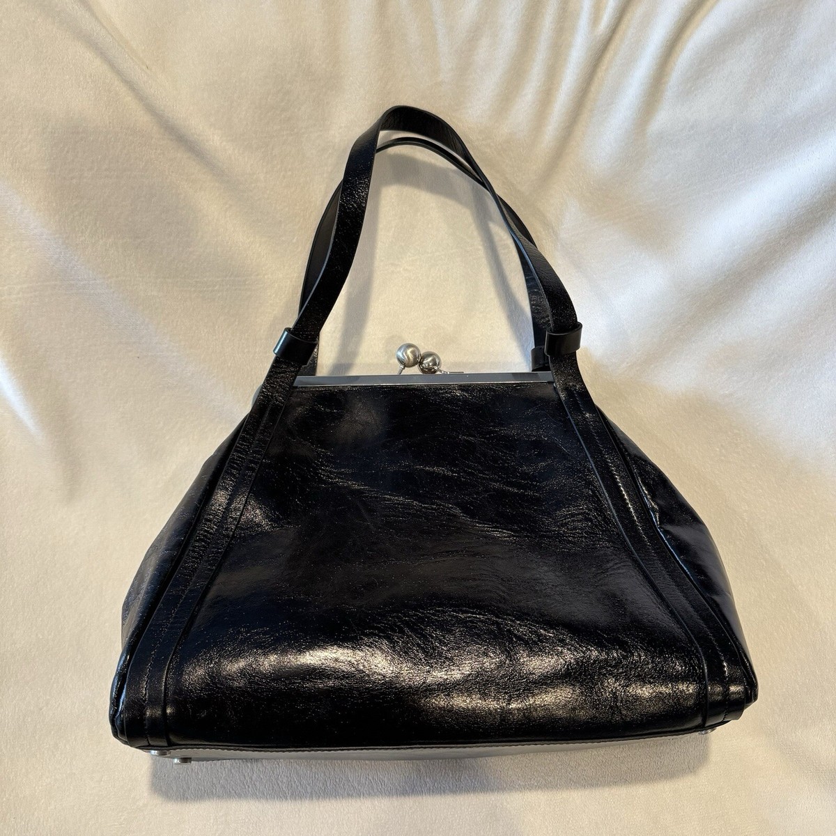 Lia Numa Made In Italy Black Leather Lg Kisslock Handbag Purse 
