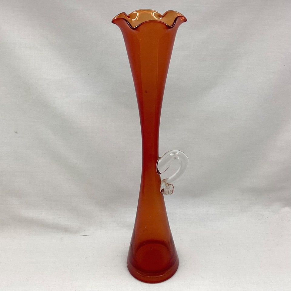 30cm Vintage Skinny HandBlown Orange Glass Vase with Handle (10E) MO