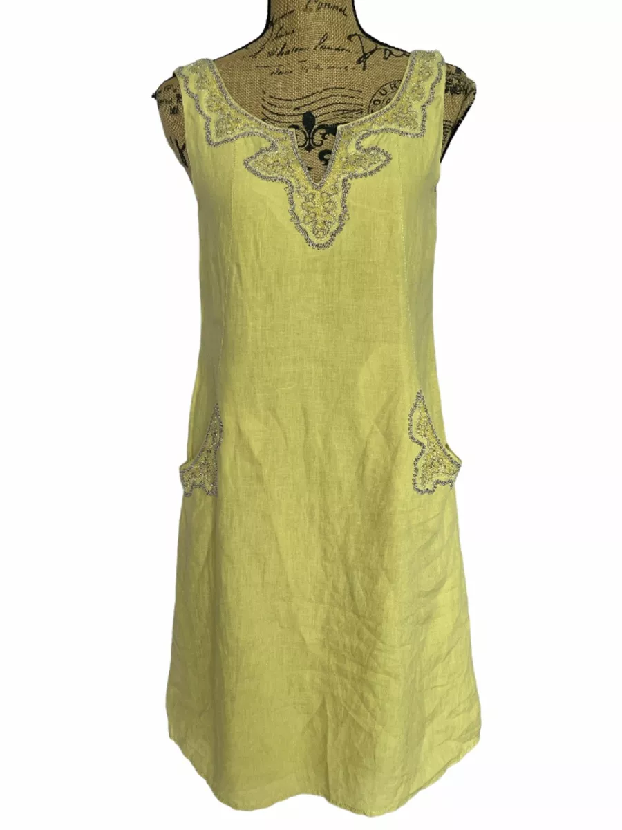 Jigsaw Yellow Linen Sleeveless Dress Beaded Neck Pockets Uk8
