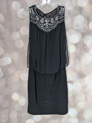 Bisou Bisou Women's Black Two Layer Dress Rhinestone/Beads Embellished Neckline