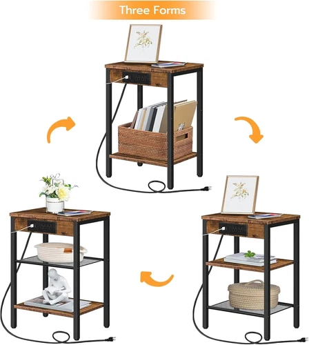 Beistelltisch mit Ladestation und USB-Anschlüssen, 3-stufiger Nachttisch mit verstellbarem - Bild 3 von 8