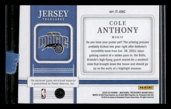 COLE ANTHONY 2022-23 NATIONAL TREASURES JERESEY TREASURES JERSEY 13/99 MAGIC - Image 2 of 2