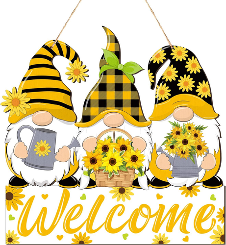 Sunflower Gnomes Welcome Sign Summer Welcome Hanging Decorations Wreath Wooden H