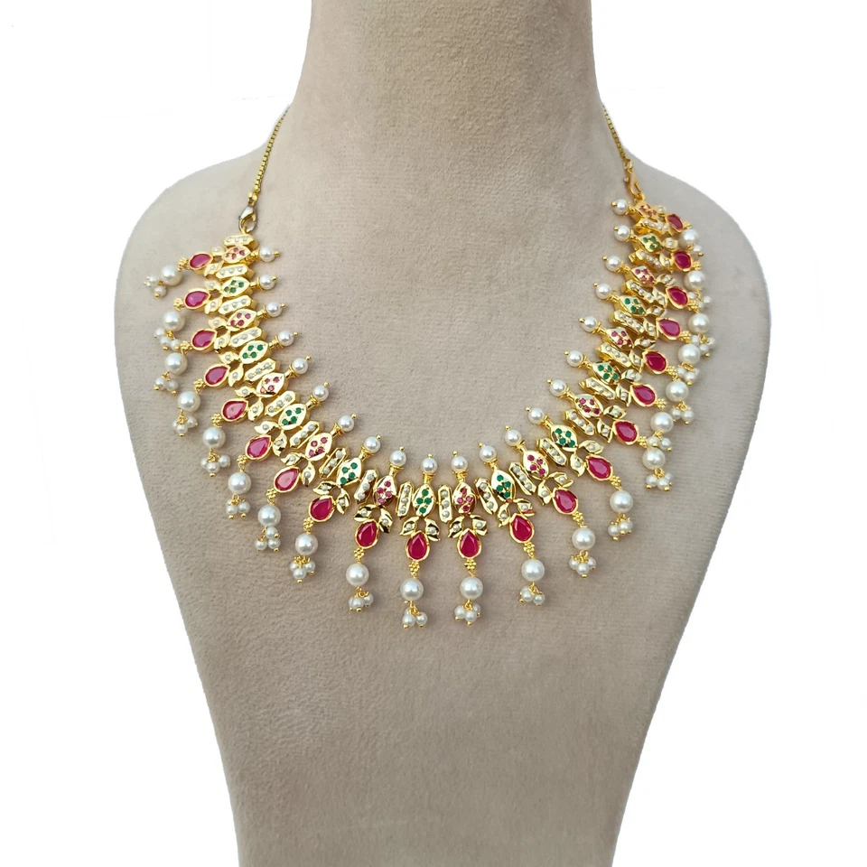 Elegante conjunto de collar de perlas rubí para mujer enchapado en oro de 22k joyería nupcial india Foto 2 de 4
