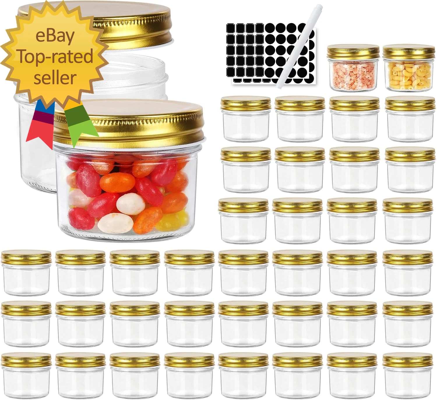 4 Oz Clear Glass Jars with Metal Golden Lids Pack of 40 100Ml round Canning
Opens in a new window or