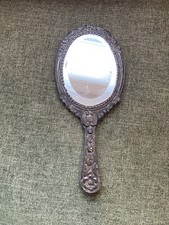 Vintage Ornate Handheld Vanity Mirror Silver Tone Metal Frame Wood Back 