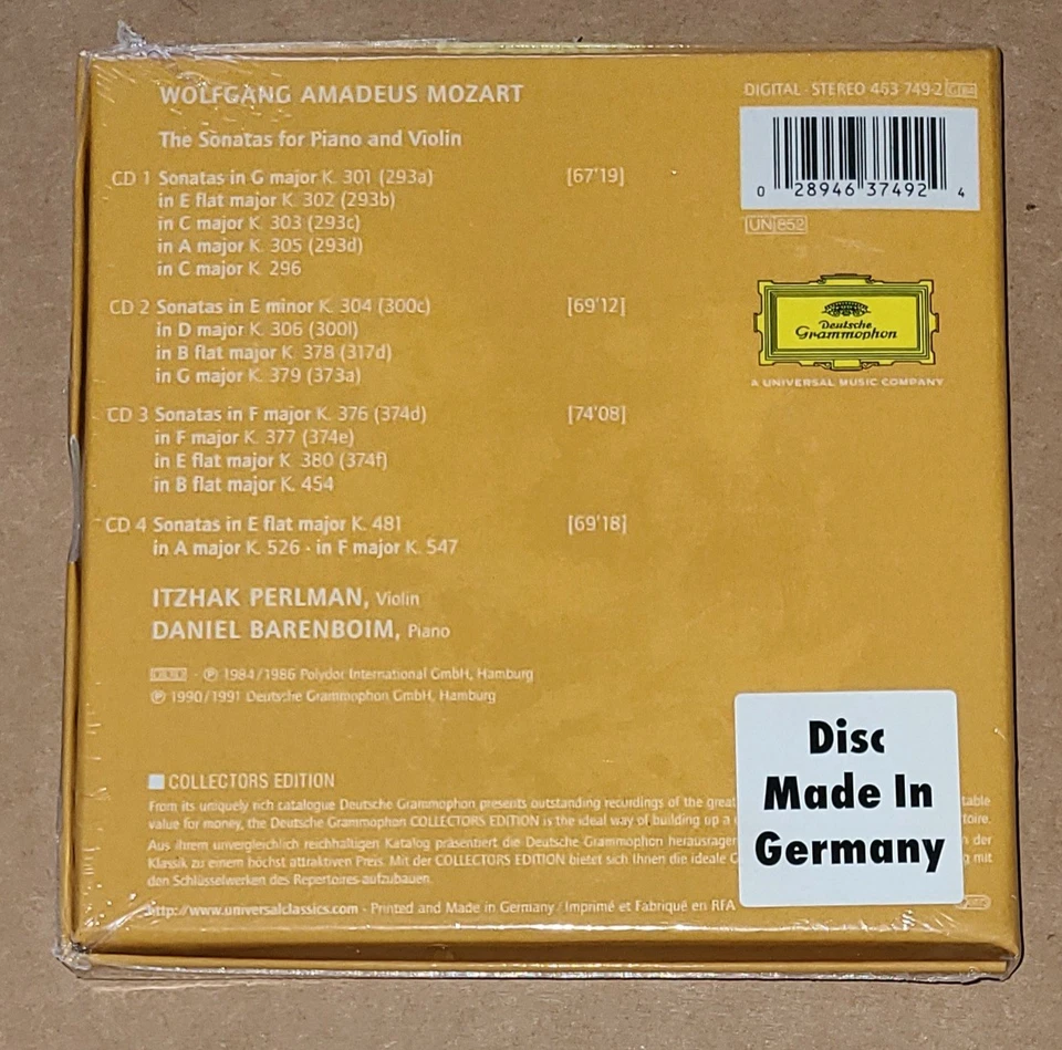 RARE Sealed NEW 4 CD Set Mozart Violin Sonatas Perlman Barenboim DG 2003 - Image 2 of 2