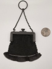 Antique Gunmetal Mesh Chatelaine Coin Purse Kiss-Lock Chain Ring