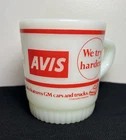 Vintage Avis Rent-A-Car We Try Harder Fire King Milk Glass Mug Cup Chevette GM