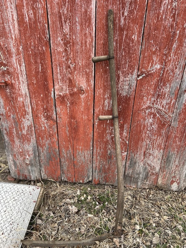 Vintage Wooden & Metal Scythe for Mowing Grass or Reaping Crops, Brown, 30+ in