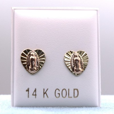 14K Gelbgold Virgin de Guadalupe Ohrstecker Herz religiöser Schmuck