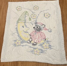 Vintage Handmade Baby Quilt Moon Stars Teddy Bear Stitched READ 29 X 33