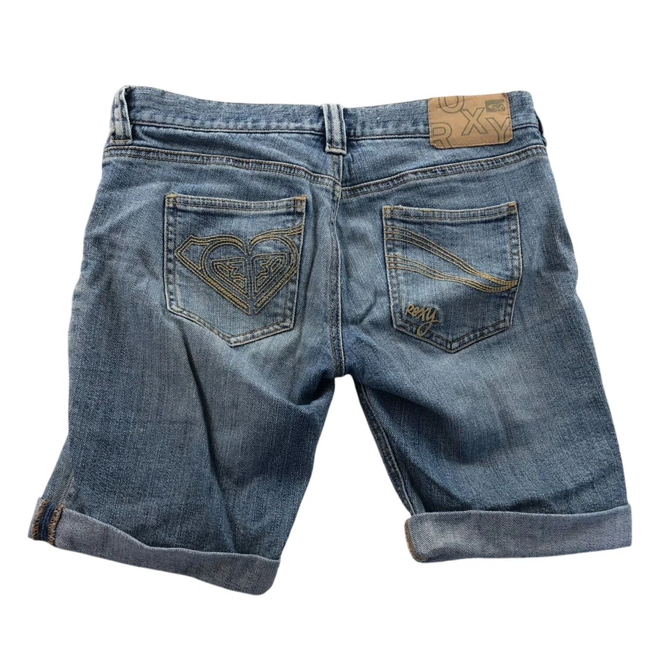 Roxy Womens Jean Shorts Size 3 Embroidered Blue Denim Cuffed Casual Stretch Y2K - Image 2 of 4