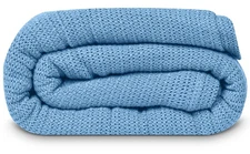 Leno Weave Blue Blanket, Queen 100% Cotton, Lightweight, Warm, Extra-Fluffy, ...