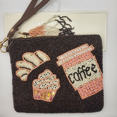 Viral Sincerely Jules Coffee Croissant Beaded Travel Pouch, Wristlet Bag New