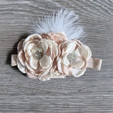 Beige  White Floral Baby Headband with Satin, Feather  Beaded Accents