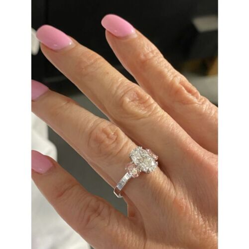 3 pierres IGI 2,17 ct D-VVS2 coupe ovale rose côté laboratoire cultivé or 14 carats - Photo 2 sur 12
