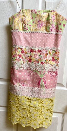Lily Pulitzer Eyelet Lace Sheath Dress Strapless Pink Yellow Print Lined Size 0 - Picture 5 of 12