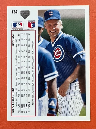 1991 Upper Deck Mark Grace #134 Chicago Cubs (4x Gold Glove/3x All-Star) - Bild 10 von 16