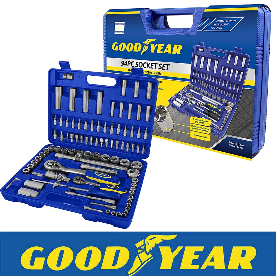 Goodyear 94PC 1/2" 1/4" Socket Set & Screwdriver Bit Torx Ratchet Case Tool Kit
