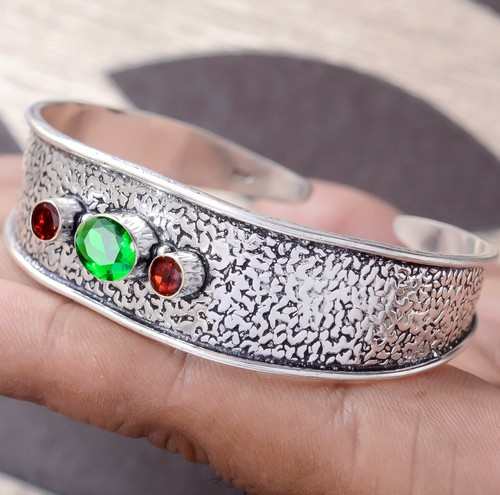 Chrome Diopside, Garnet Cut Gemstone 925 Sterling Silver Handmade Bracelet Cuff - Picture 4 of 8