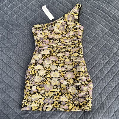 Zara Dress Women Small Mini Floral Bodycon Pleated One Shoulder