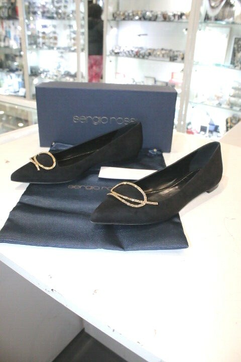 Sergio Rossi Black Suede Ballerina Gold Tone Crystal Embellished