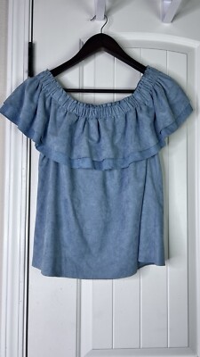 YOUNG FABULOUS BROKE Birdy Blue Faux Suede Off Shoulder Top Hippie Beachy Boxy